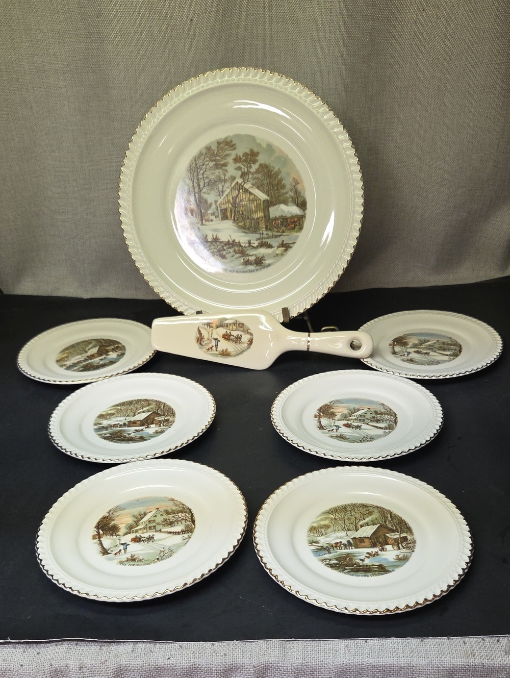 Vintage Harkerware Currier & Ives Cake Plate, dessert plates + cake server, 8 pc